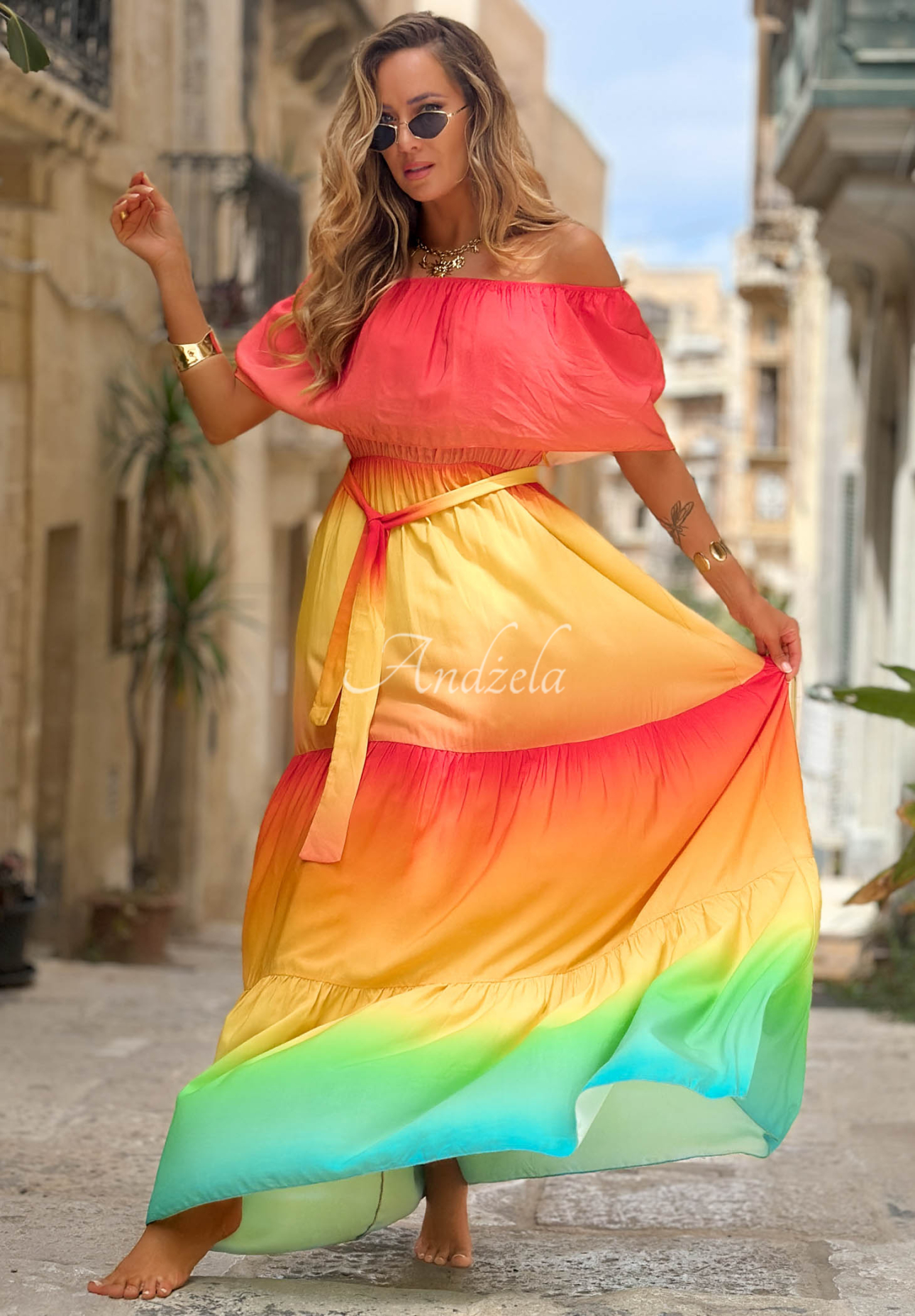 Wiskozowa sukienka maxi hiszpanka ombre Solar Rainbow czerwono-żółta