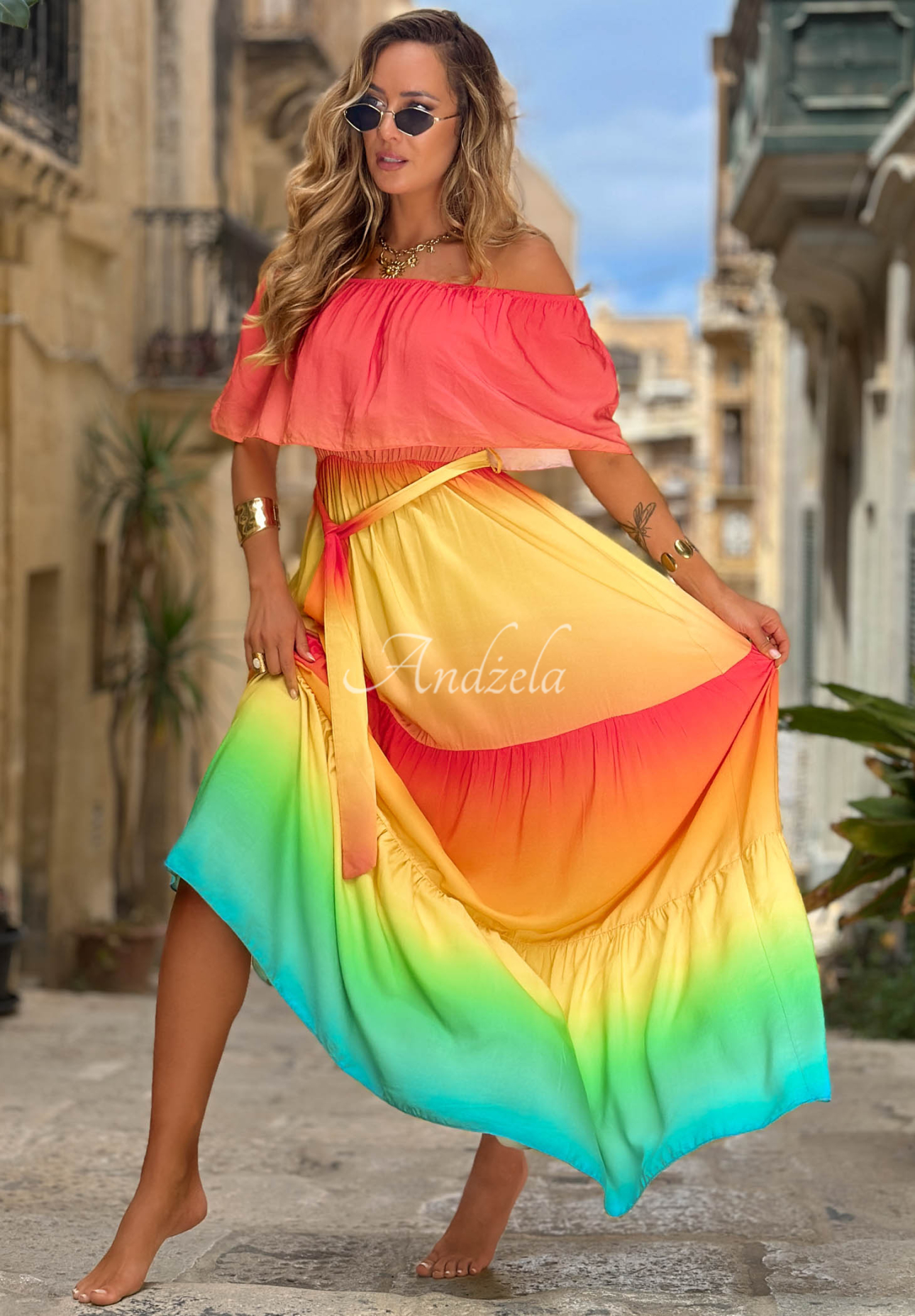 Solar Rainbow Red and Yellow Ombre Off-the-Shoulder Viscose Maxi Dress