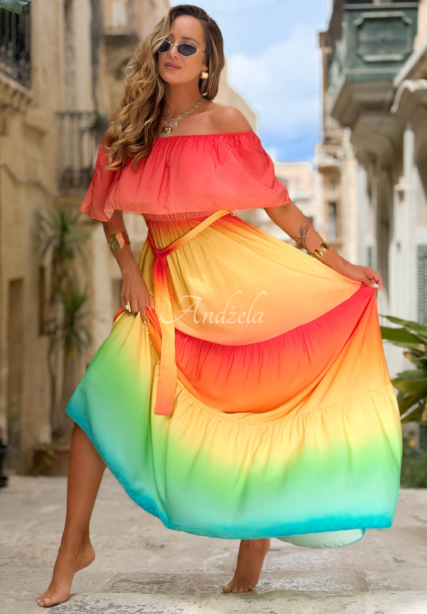 Solar Rainbow Red and Yellow Ombre Off-the-Shoulder Viscose Maxi Dress