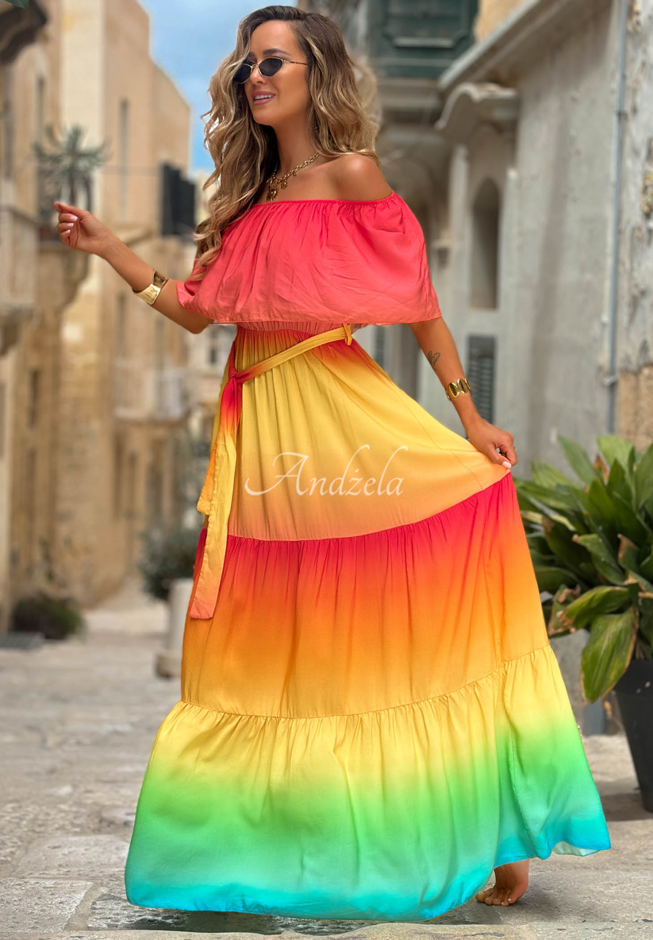 Wiskozowa sukienka maxi hiszpanka ombre Solar Rainbow czerwono-żółta