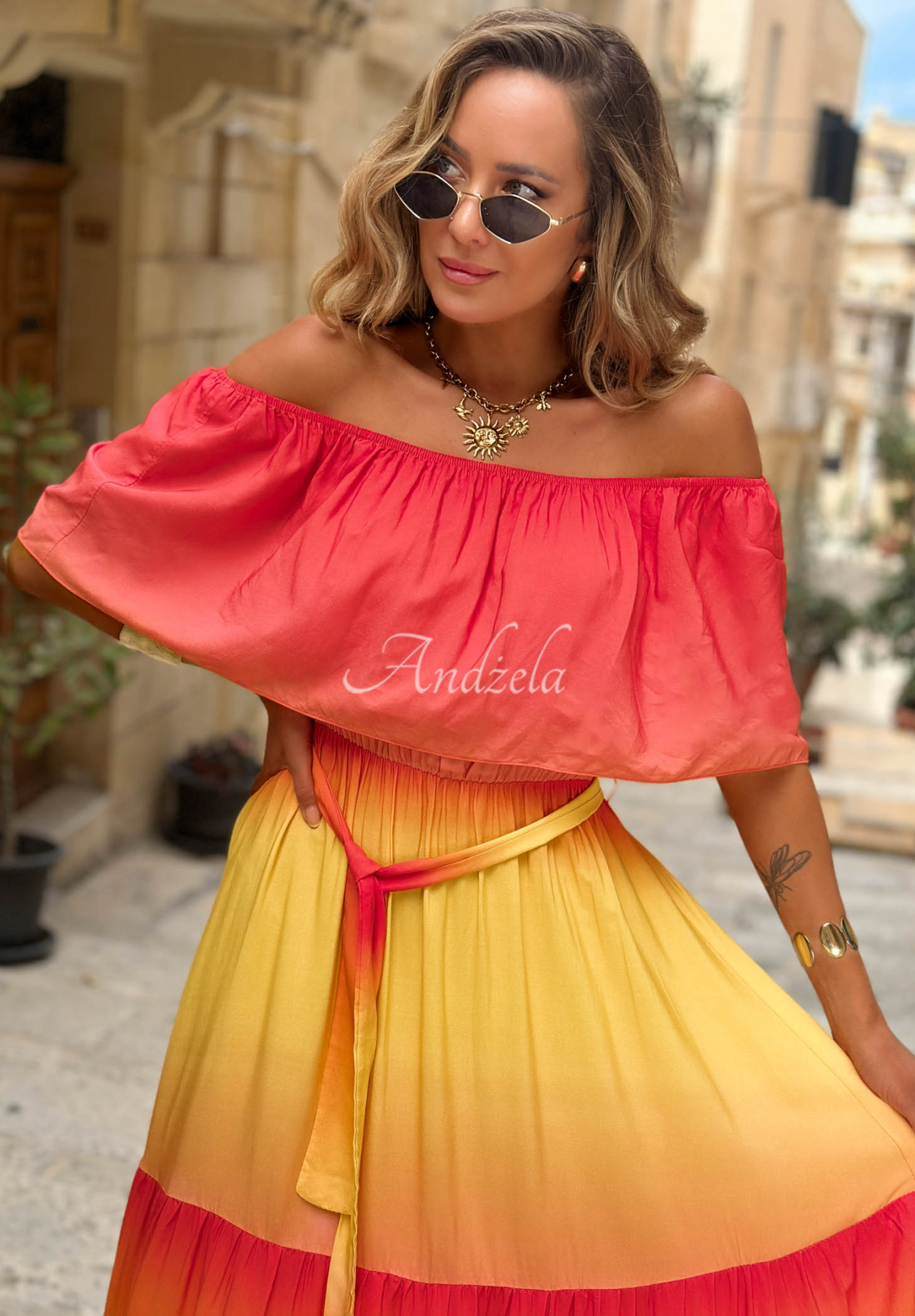 Solar Rainbow Red and Yellow Ombre Off-the-Shoulder Viscose Maxi Dress