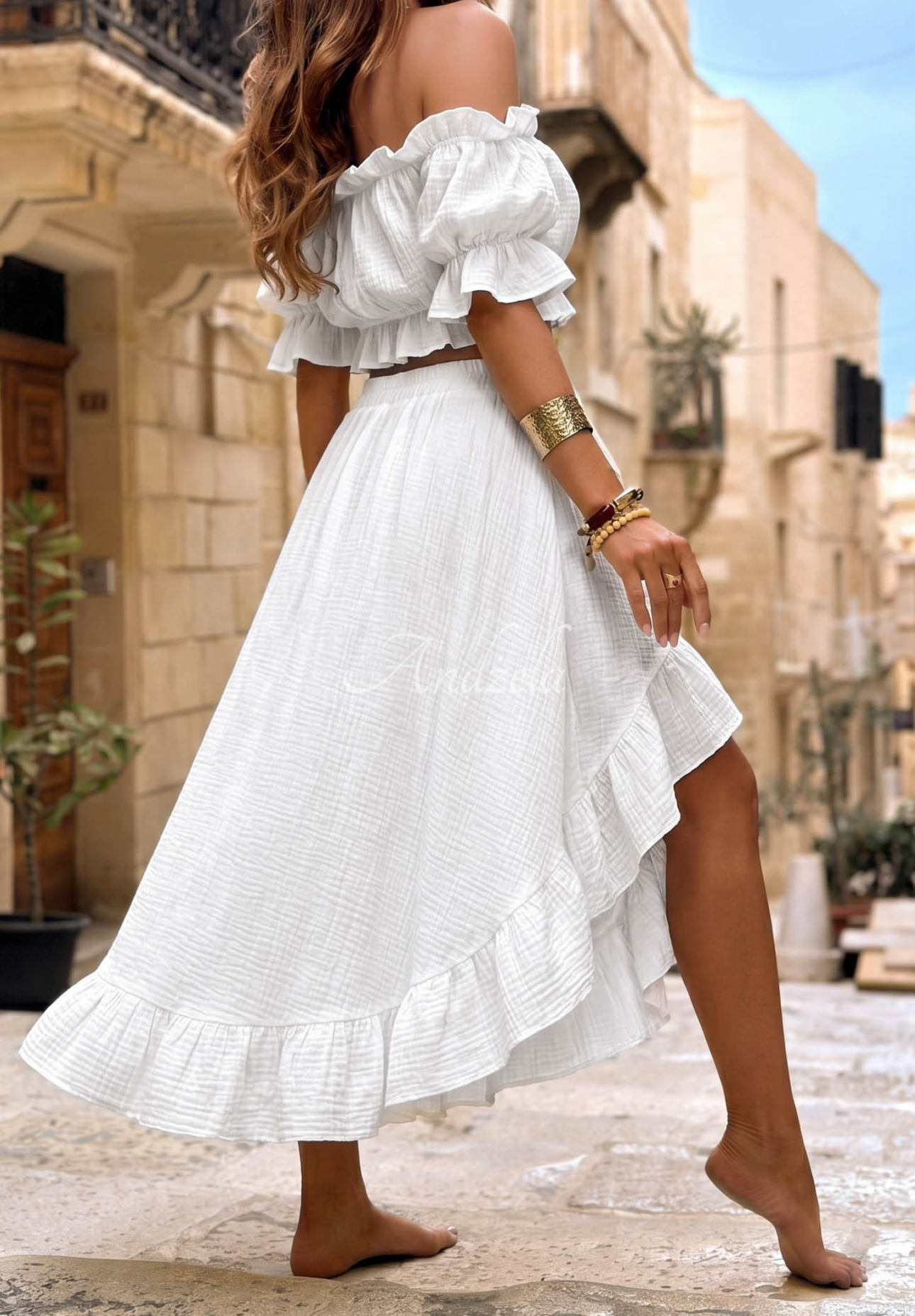 Warm Wind white muslin off-the-shoulder blouse and skirt set