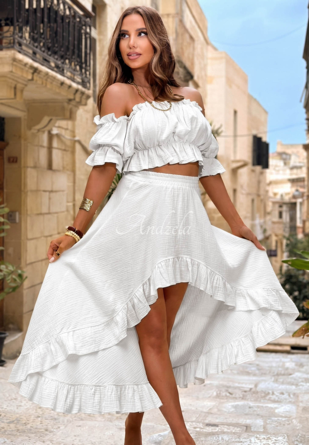 Warm Wind white muslin off-the-shoulder blouse and skirt set