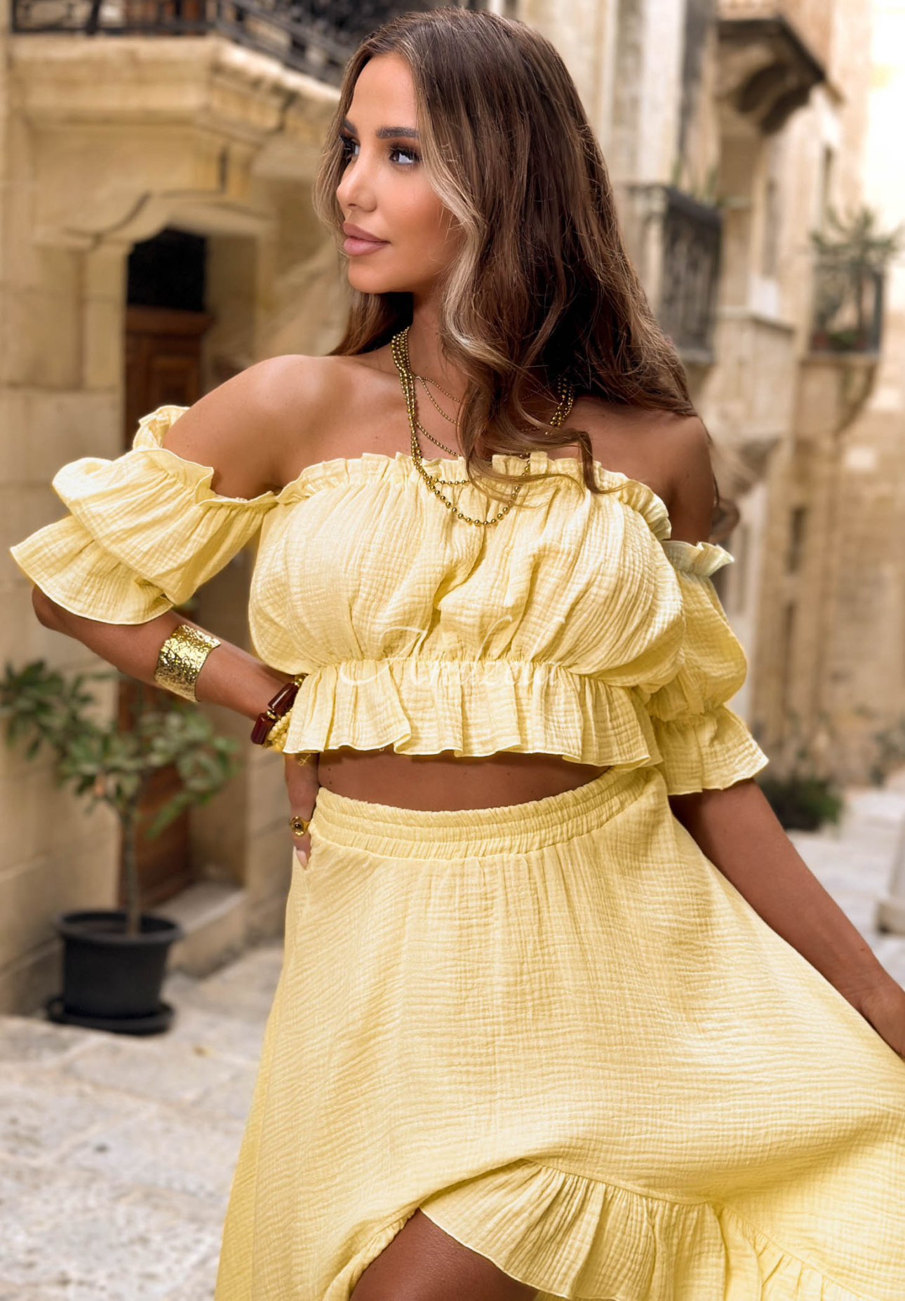 Warm Wind Yellow Muslin Off-the-Shoulder Blouse and Skirt Set