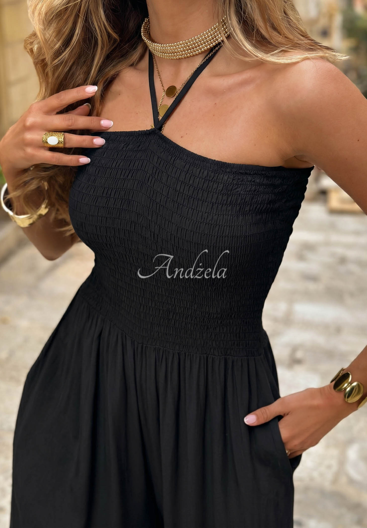 Amalfi Paradise Black Long-Sleeve Wide-Leg Viscose Jumpsuit with Tie Detail