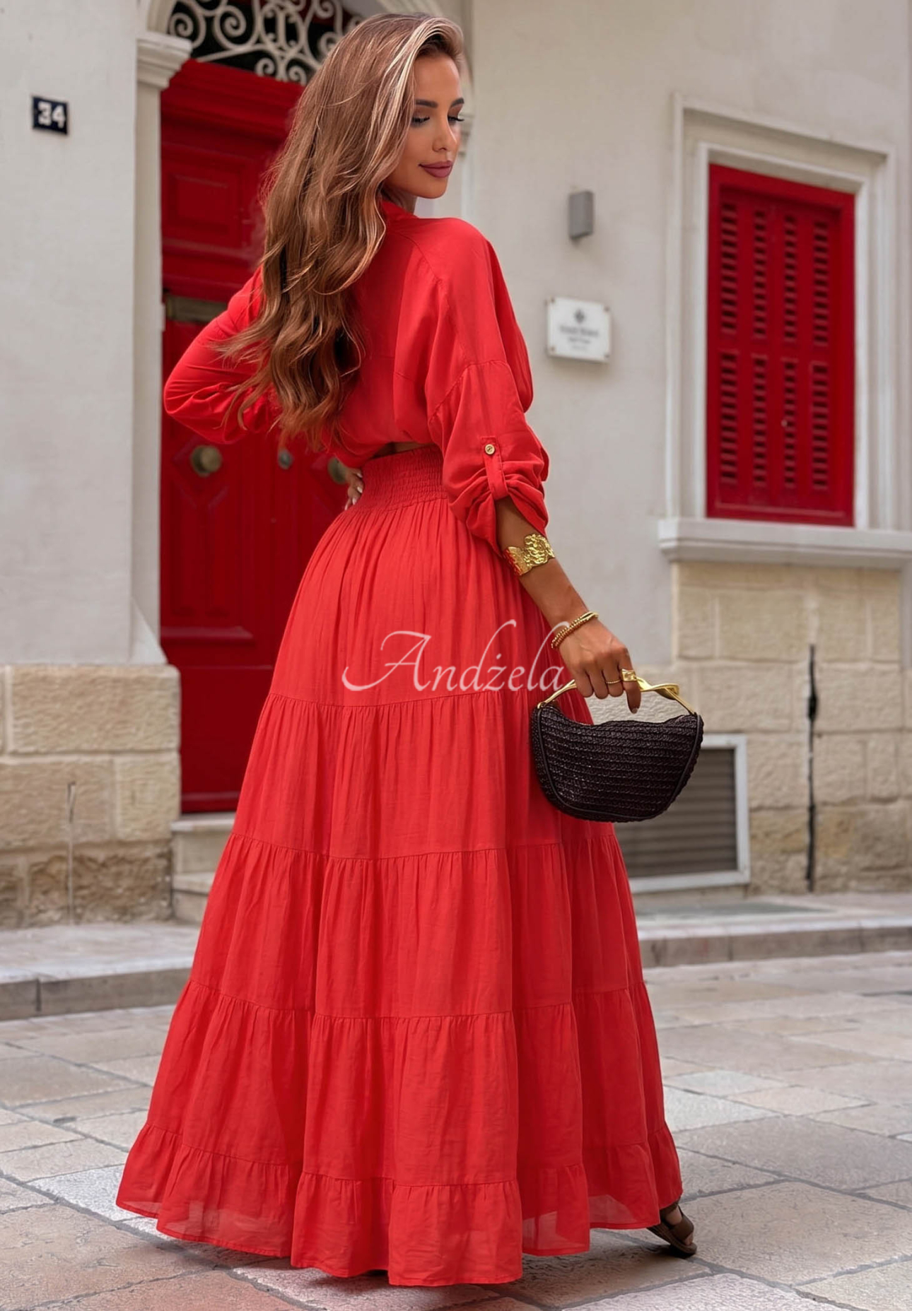 Pretty Estrella Red Cotton Maxi Skirt with Ruffles
