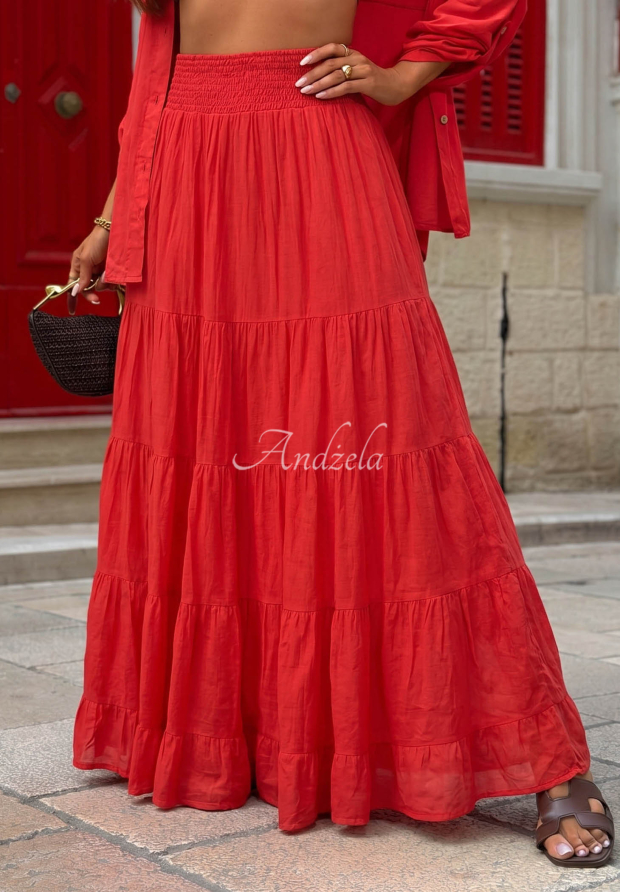 Pretty Estrella Red Cotton Maxi Skirt with Ruffles