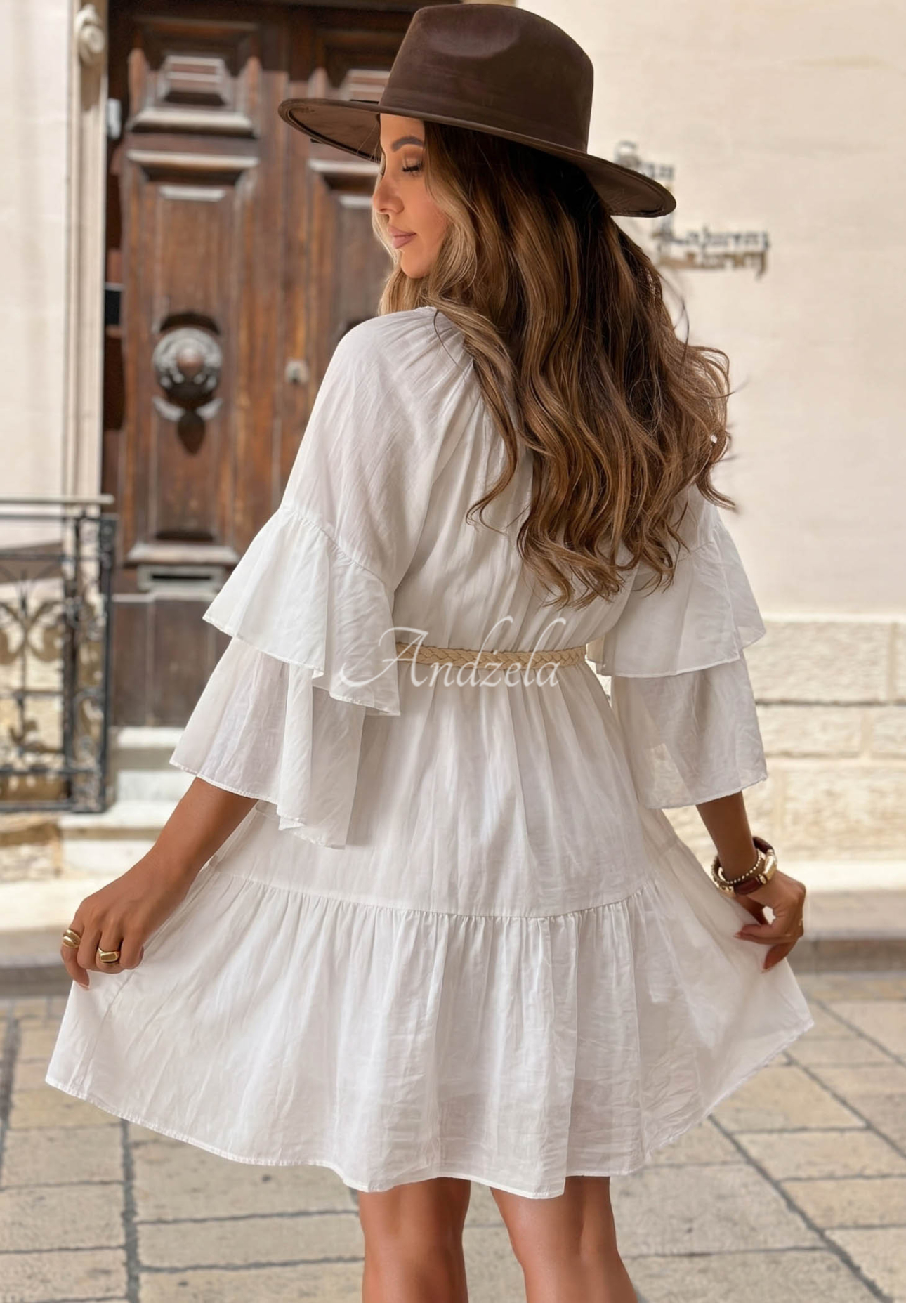 Malta Romance Flame ecru cotton dress with ruffles and a belt