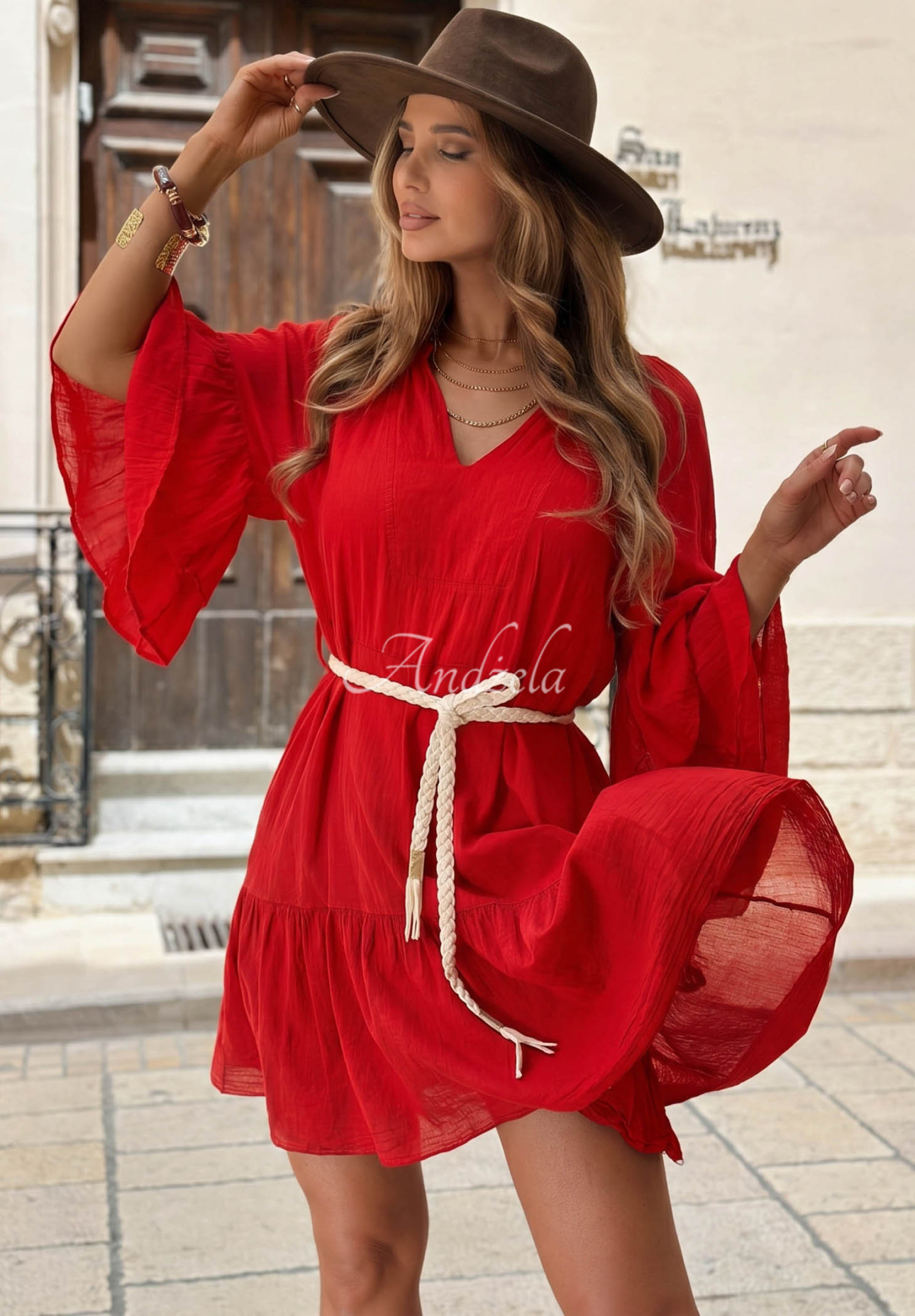 Malta Romance Flame Red Cotton Dress with Ruffles and a Belt
