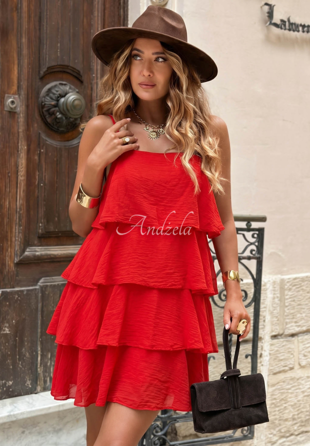 Malta Romance Flame Red Cotton Mini Dress with Straps and Ruffles