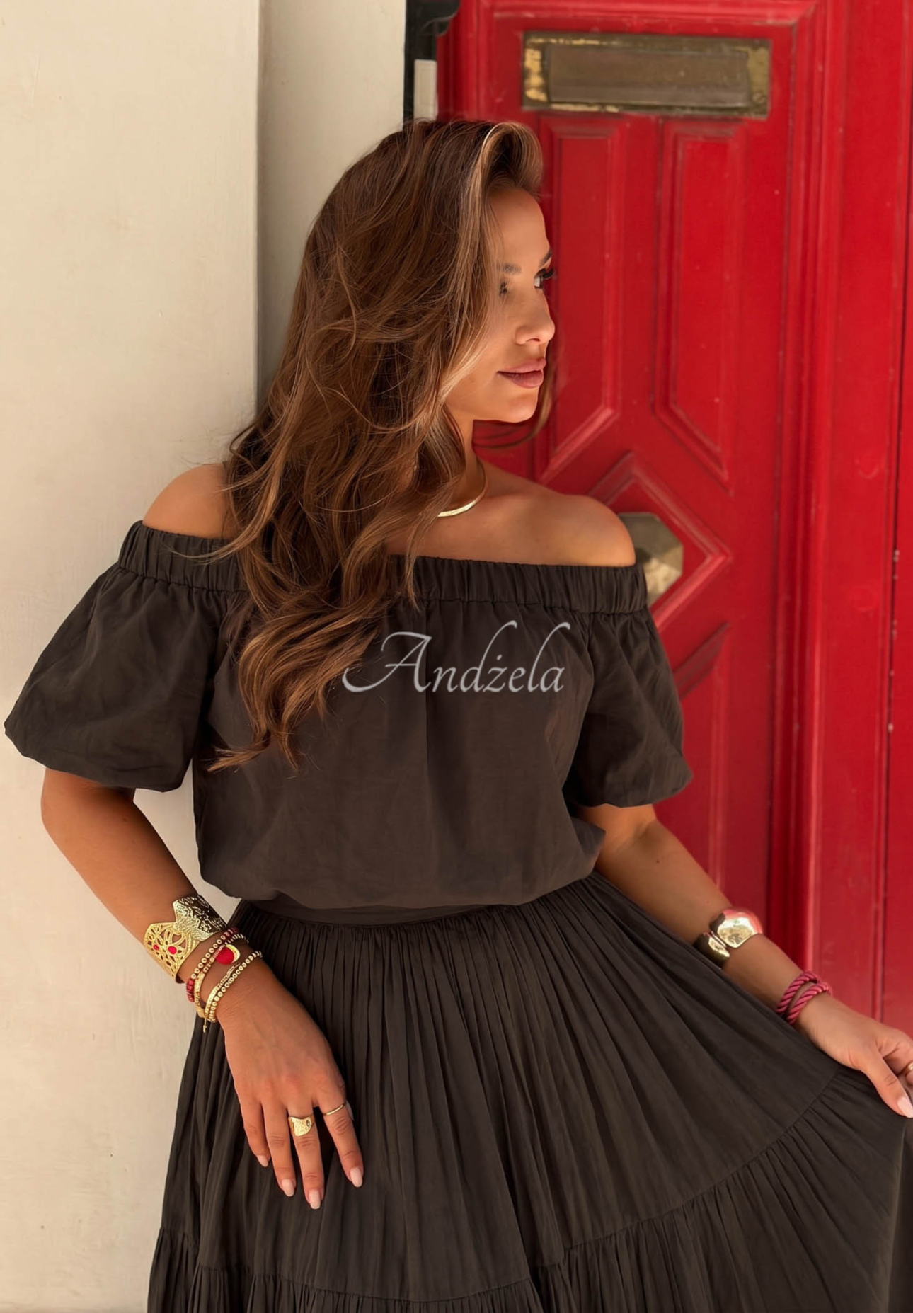 Malta Romance Flame Chocolate-Colored Off-the-Shoulder Cotton Blouse with Puff Sleeves
