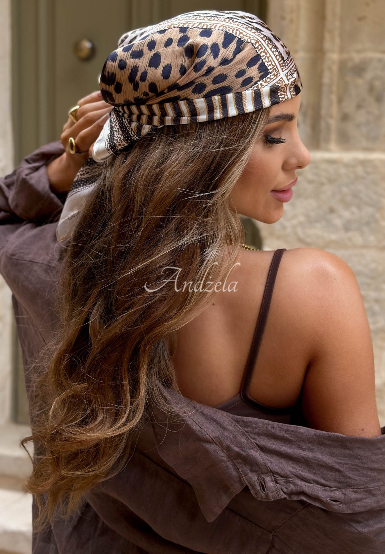 Dark Panther Beige Viskose Leopard-Print Scarf