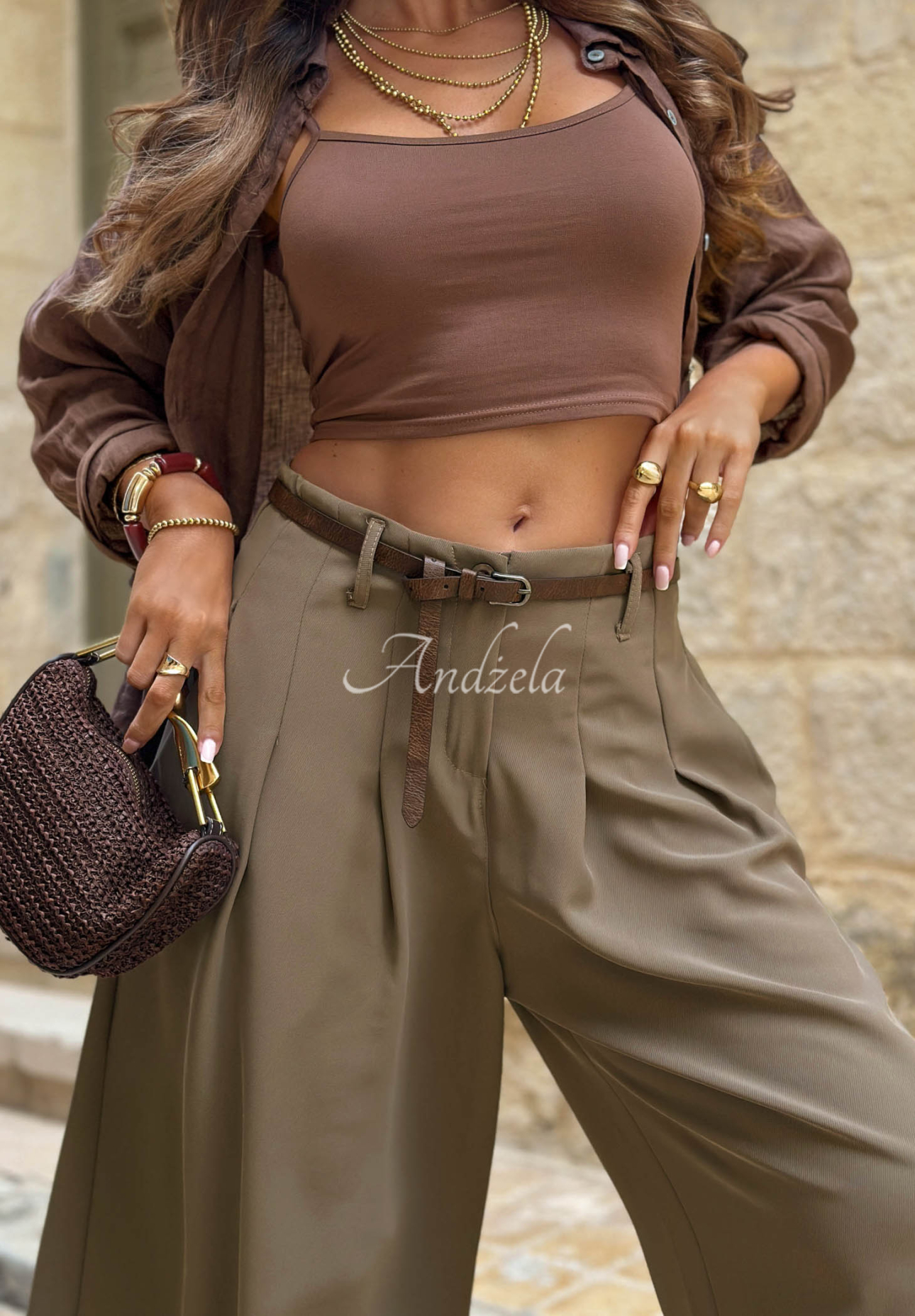 Verde Avenue olive-green wide-leg fabric pants with a belt