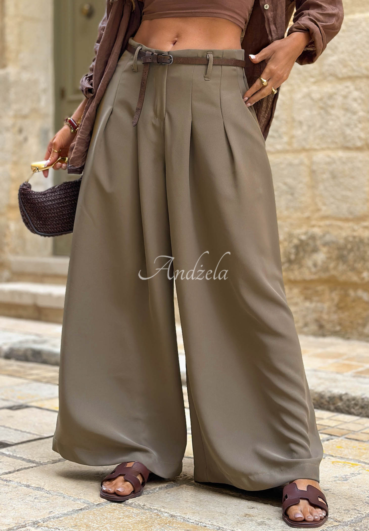 Verde Avenue olive-green wide-leg fabric pants with a belt
