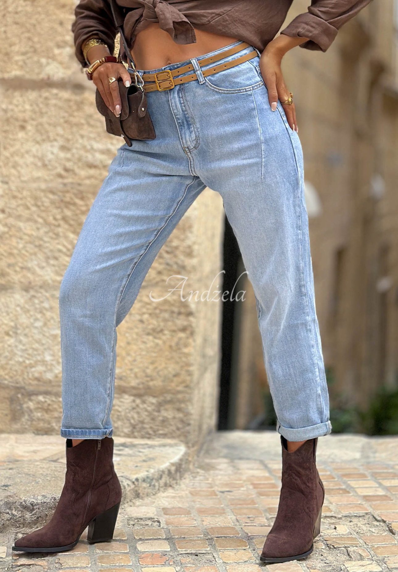 Denim Touch blue mom-fit jeans with a belt