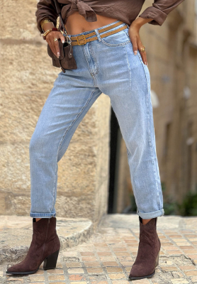 Denim Touch blue mom-fit jeans with a belt