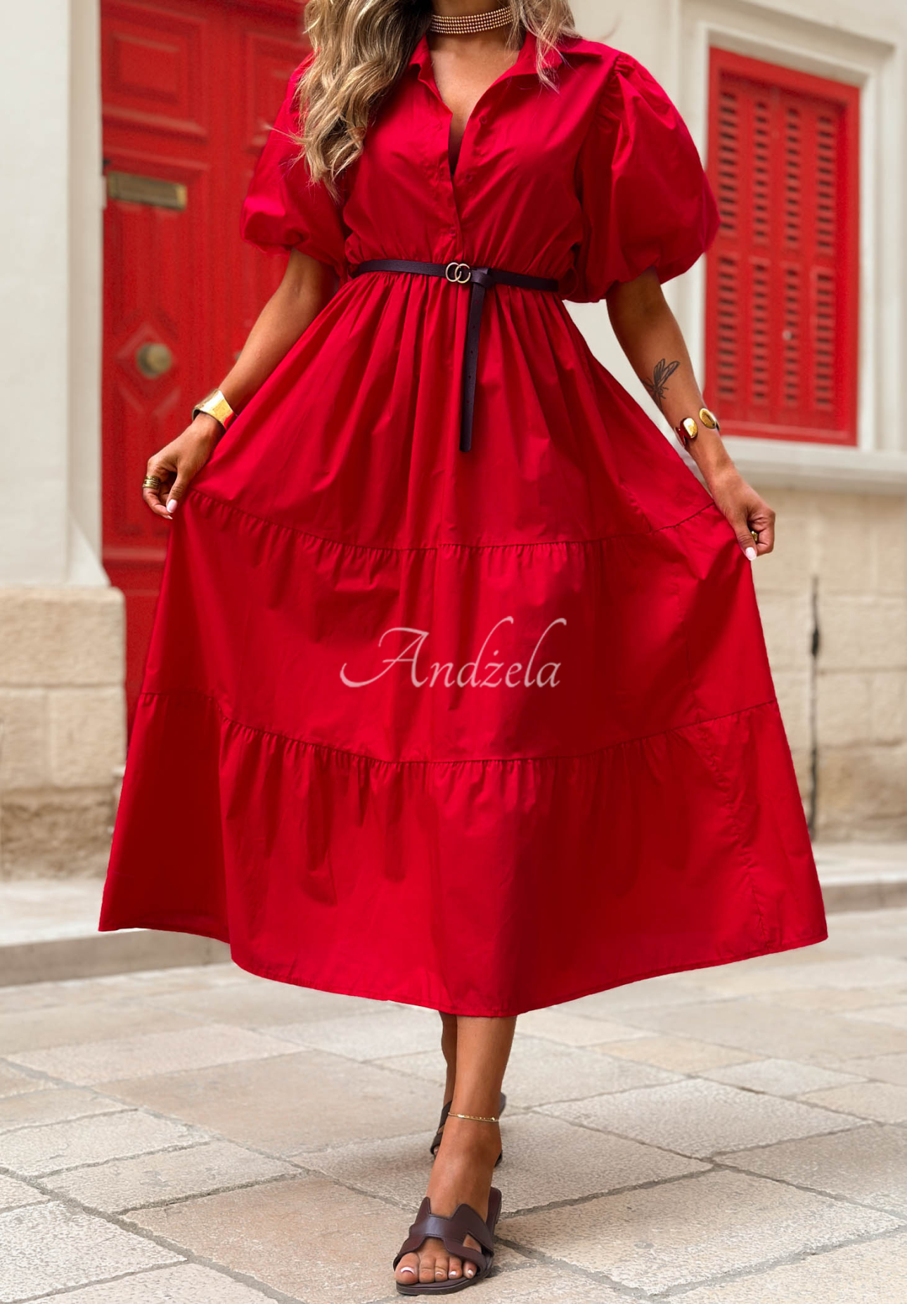Summer Light Red Cotton Shirt Dress with Puff Sleeves
