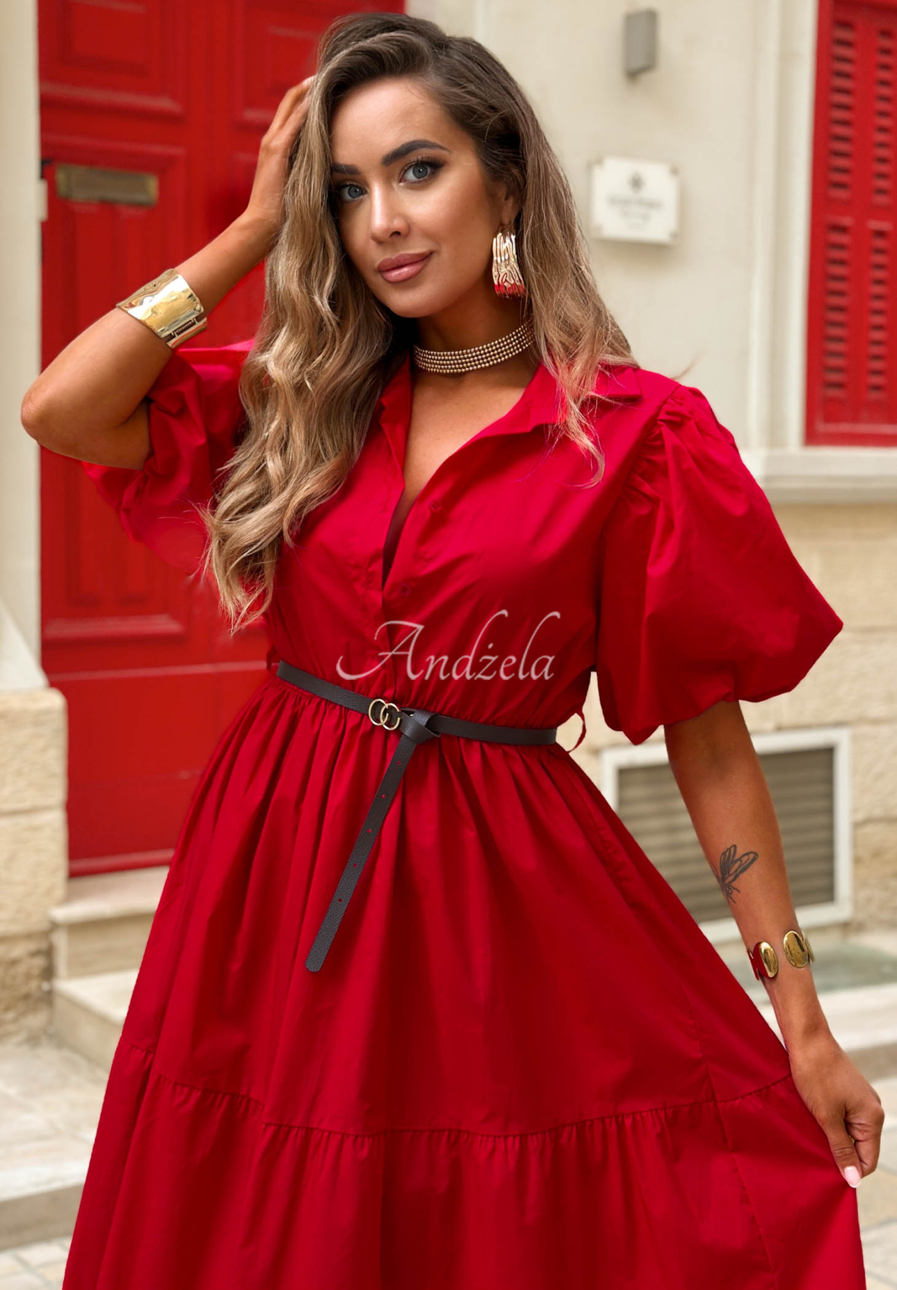 Summer Light Red Cotton Shirt Dress with Puff Sleeves