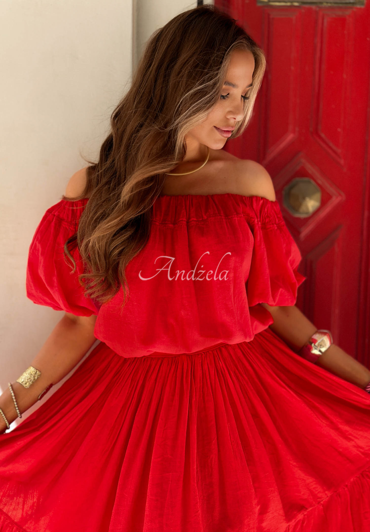 Malta Romance Flame Red Cotton Off-the-Shoulder Blouse with Puff Sleeves
