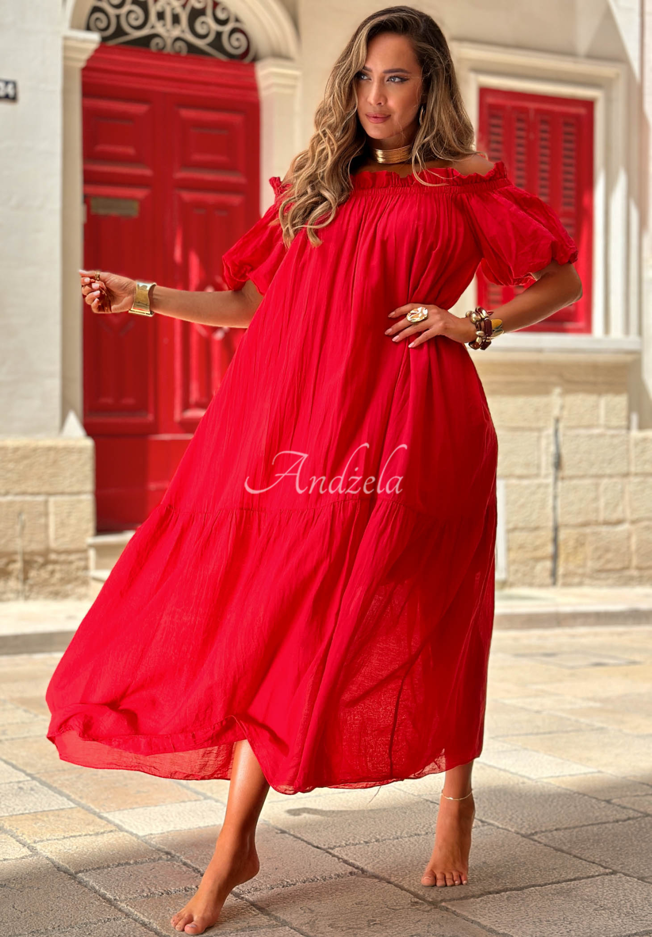 Malta Romance Flame Red Off-the-Shoulder Maxi Cotton Dress with Ruffles
