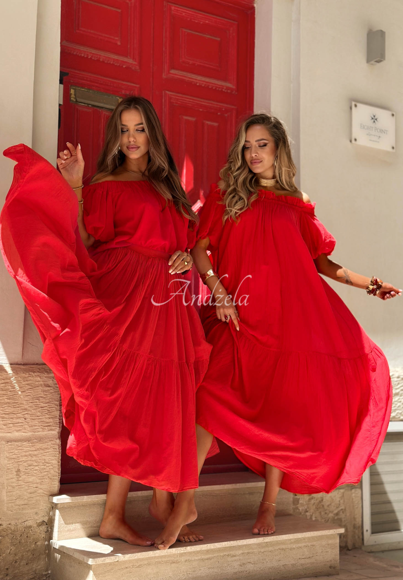 Bawełniana sukienka hiszpanka maxi z falbankami Malta Romance Flame czerwona