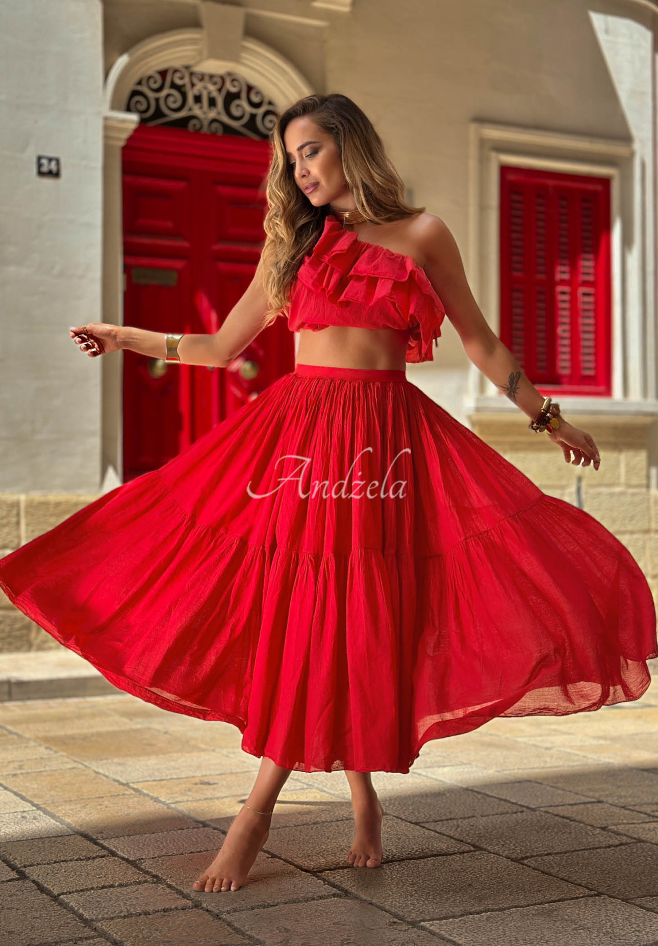 Bawełniana spódnica maxi z gumką w pasie Malta Romance Flame czerwona