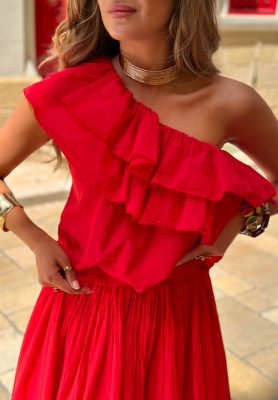 Asymetryczna bawełniana bluzka z falbankami Malta Romance Flame czerwona