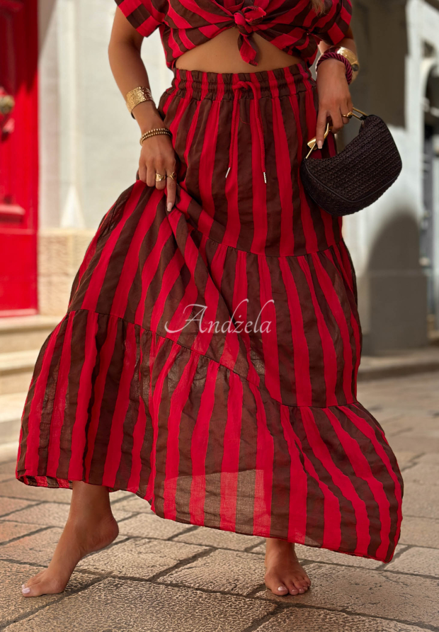 Malta Romance Delizia Red and Chocolate-Brown Striped Cotton Skirt with Ruffles