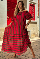 Sukienka hiszpanka maxi w paski Sunny Twist czerwono-czekoladowa