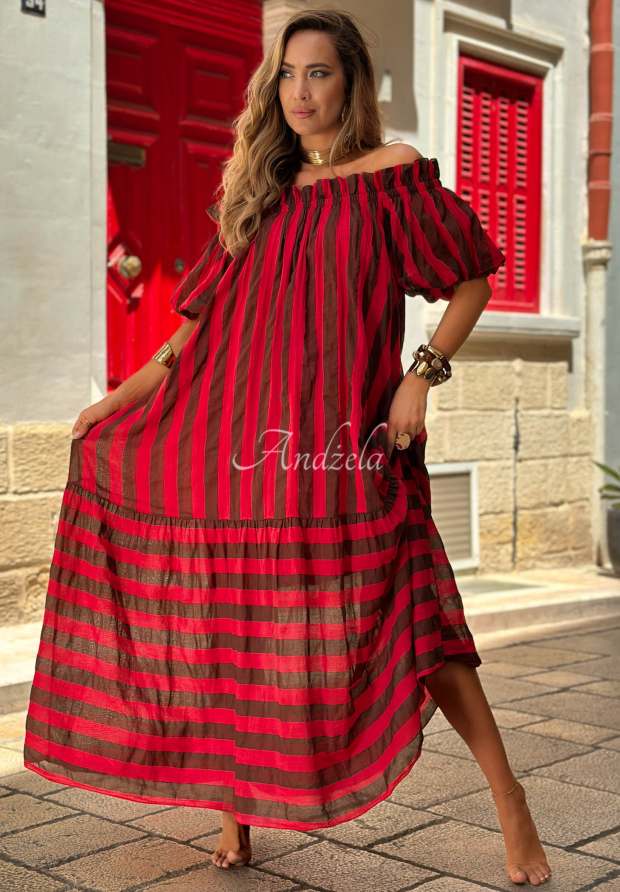 Malta Romance Delizia Red and Chocolate-Brown Striped Cotton Off-the-Shoulder Maxi Dress