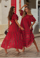 Sukienka hiszpanka maxi w paski Sunny Twist czerwono-czekoladowa
