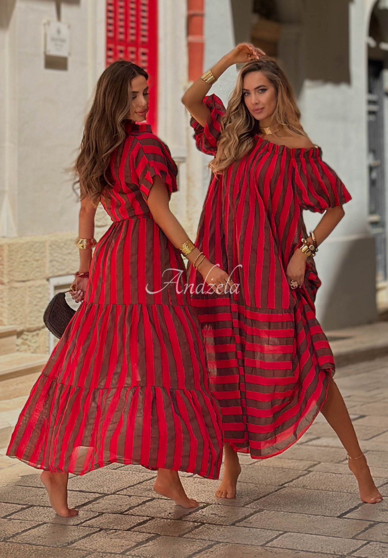 Malta Romance Delizia Red and Chocolate-Brown Striped Cotton Off-the-Shoulder Maxi Dress