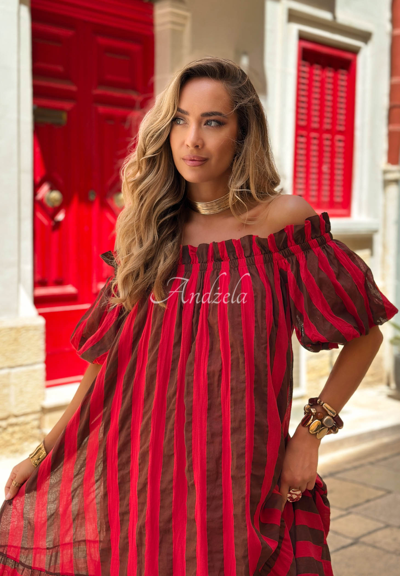Malta Romance Delizia Red and Chocolate-Brown Striped Cotton Off-the-Shoulder Maxi Dress