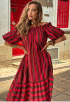 Sukienka hiszpanka maxi w paski Sunny Twist czerwono-czekoladowa
