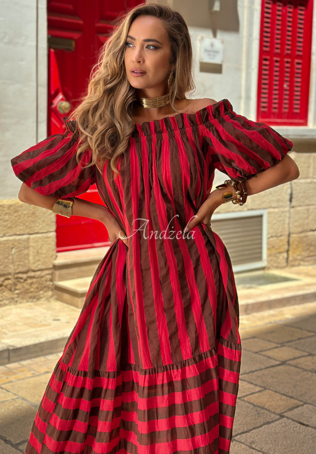 Malta Romance Delizia Red and Chocolate-Brown Striped Cotton Off-the-Shoulder Maxi Dress