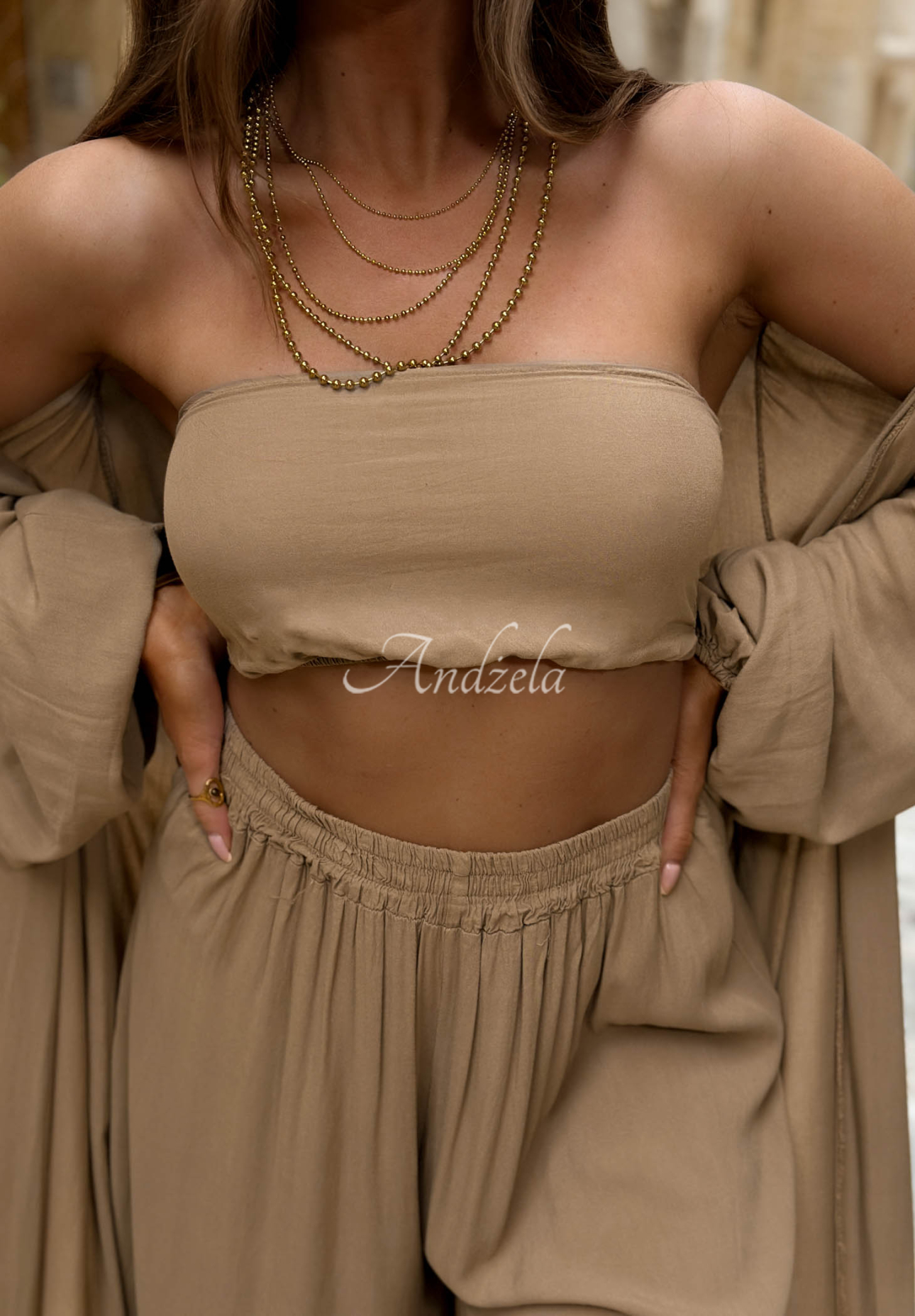 Amore Bello 4-in-1 viscose set: wrap, pants, top, and scarf in camel
