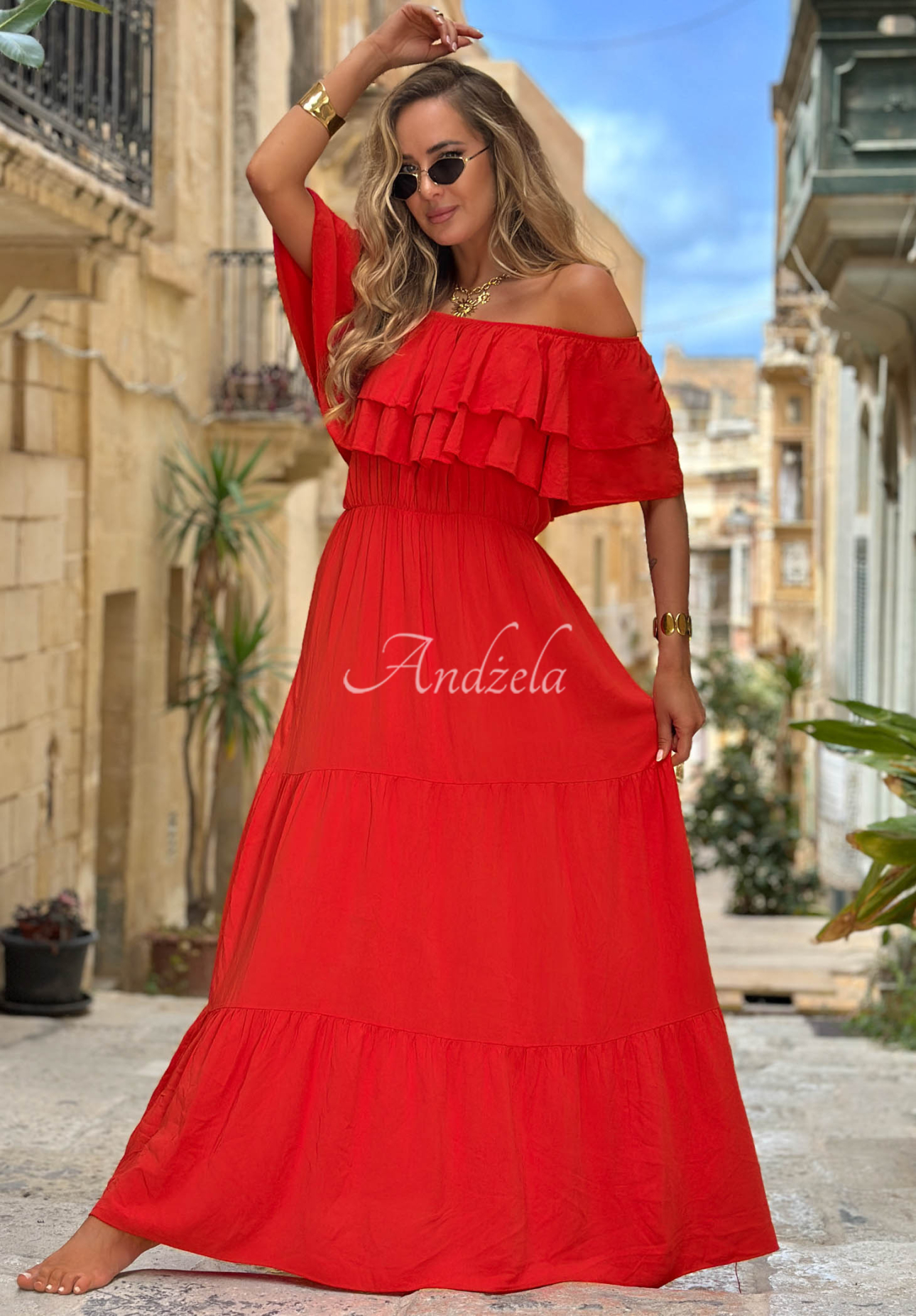 Santa Ritta Red Viscose Off-the-Shoulder Dress with Ruffles