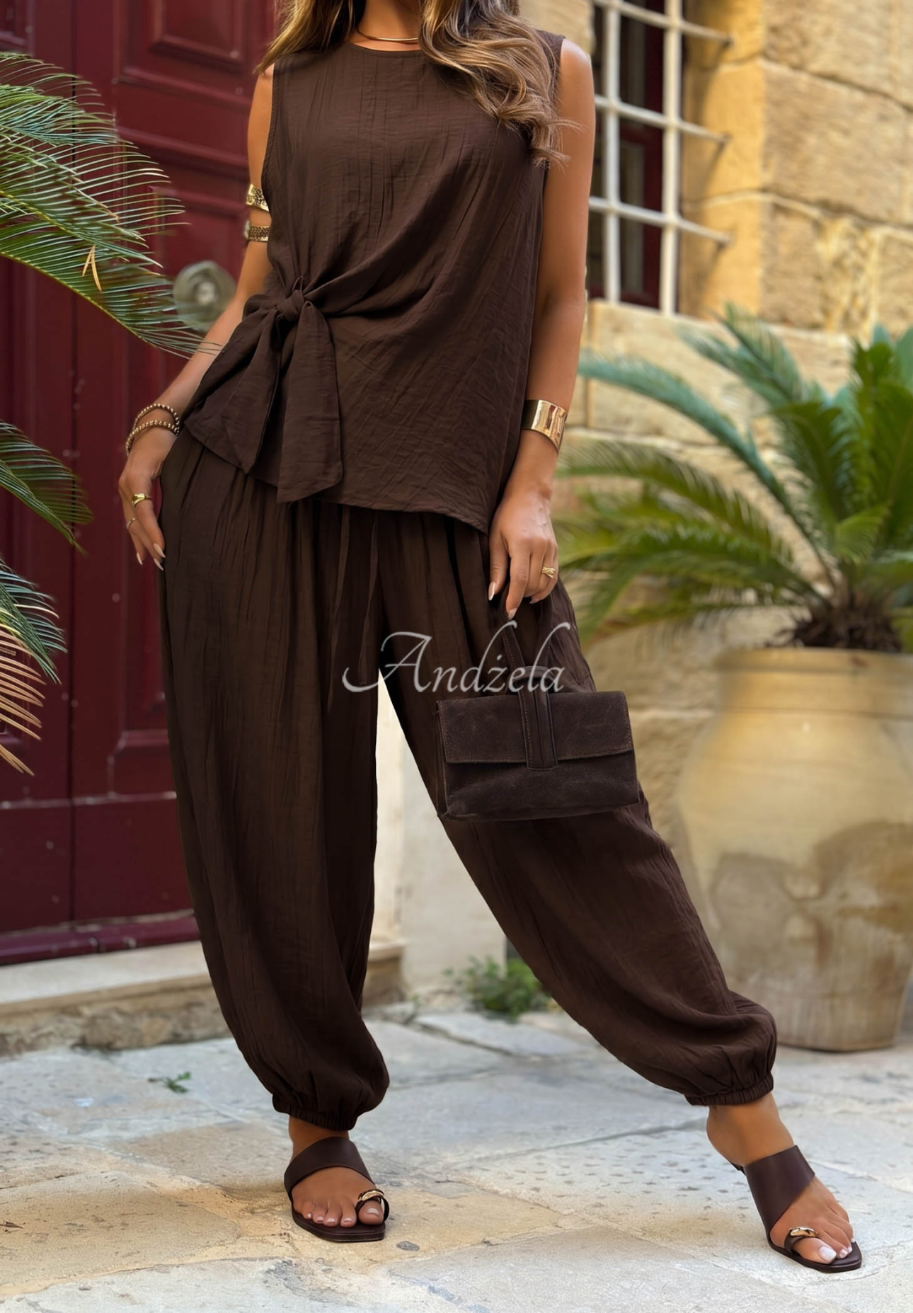 Sun Elegance Chocolate-Colored Viscose Set: Tie-Front Blouse and Jogger Pants