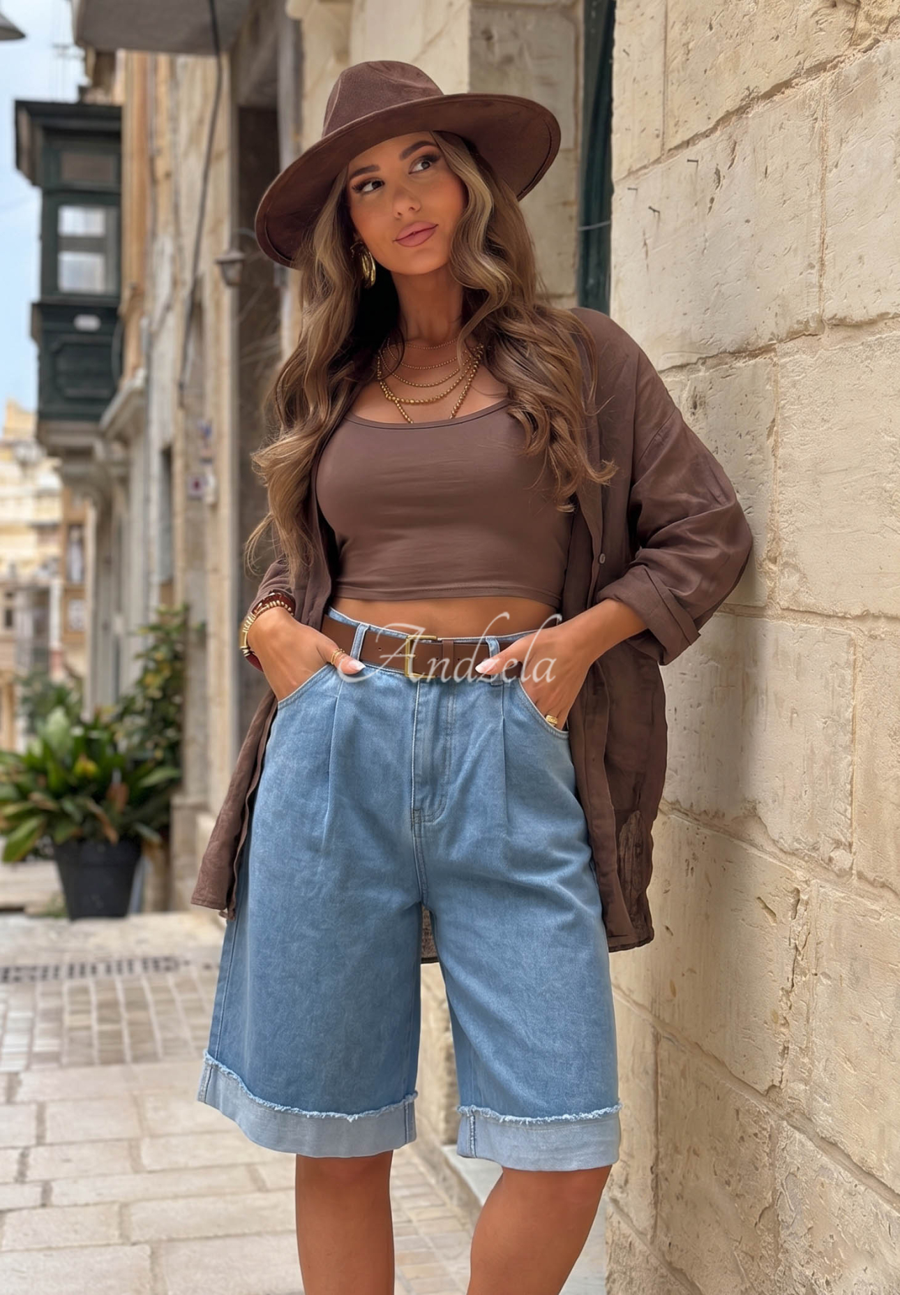 Azure Essence Blue Denim Bermuda Shorts with a Belt