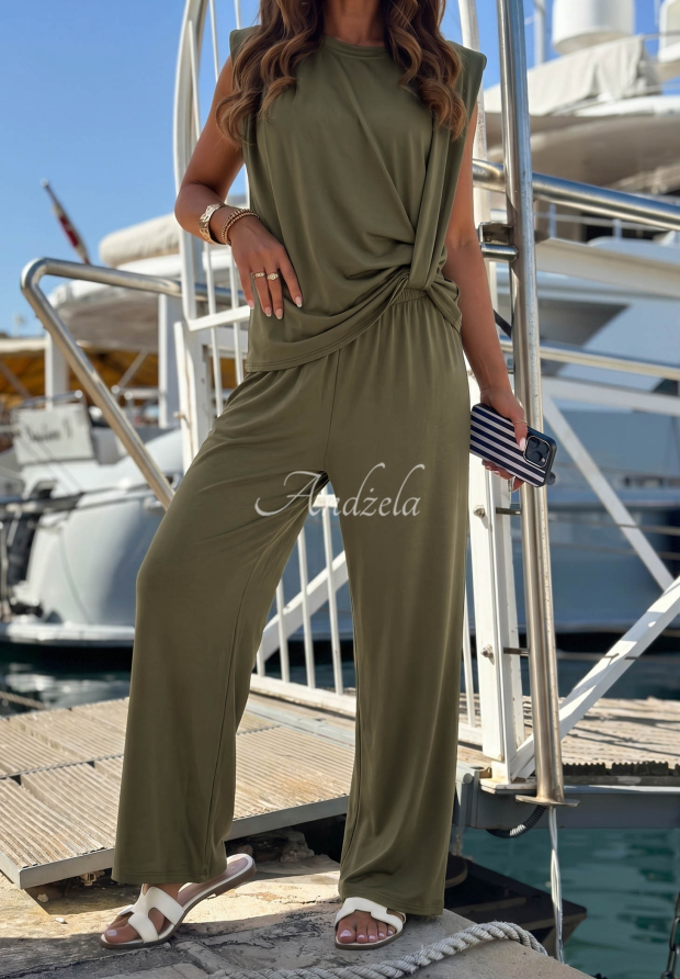 Komplet bluzka z węzłem i spodnie wide leg z lyocellu Basic Sun khaki