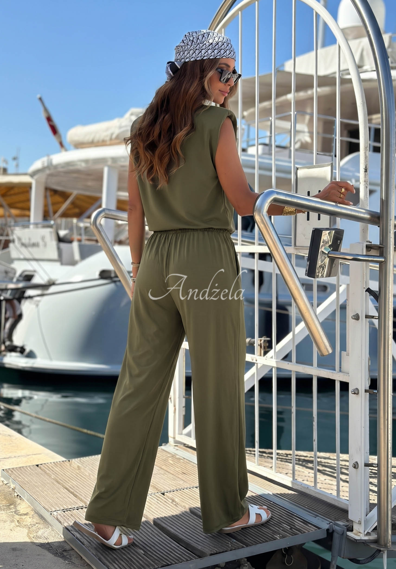 Komplet bluzka z węzłem i spodnie wide leg z lyocellu Basic Sun khaki