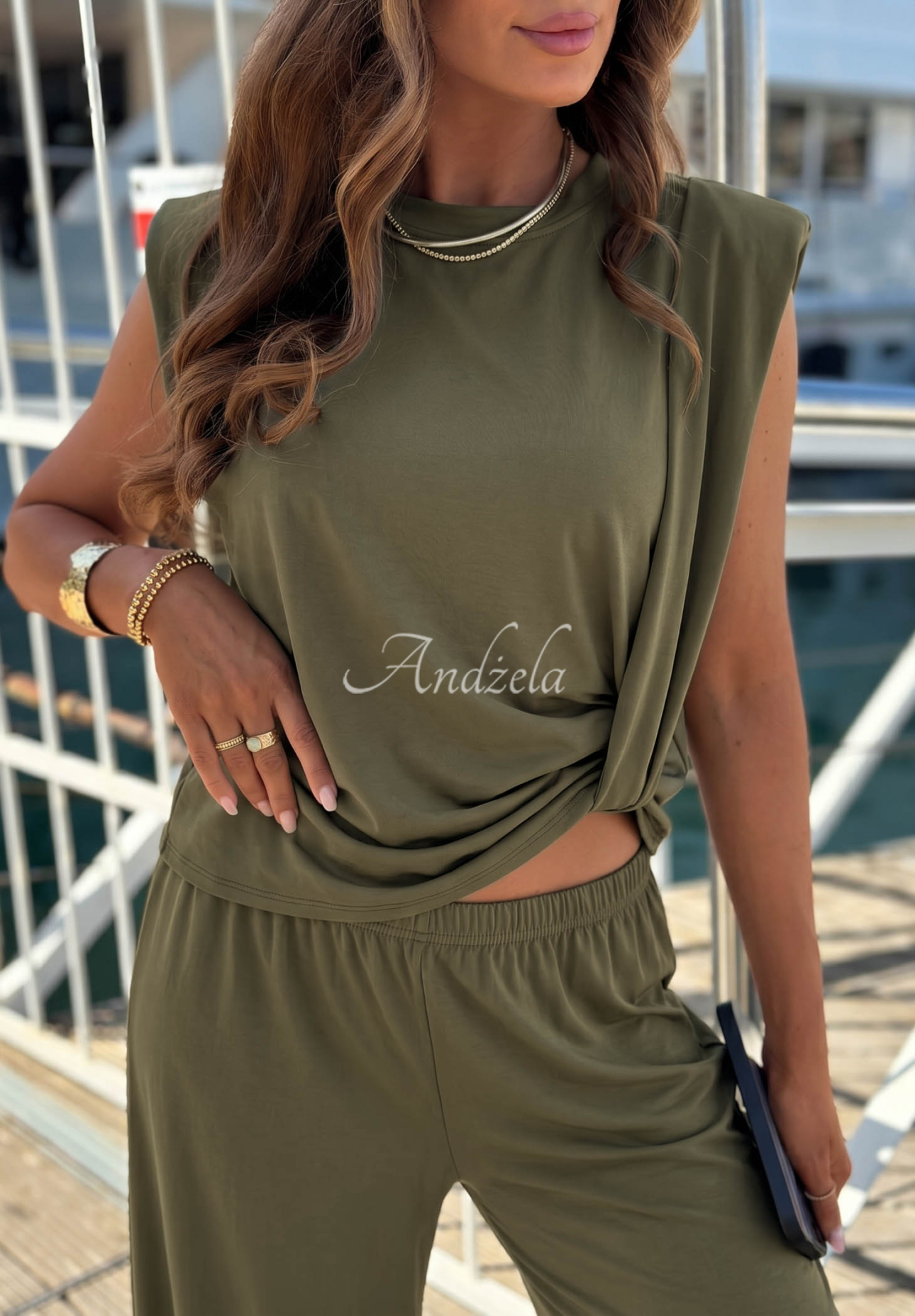 Komplet bluzka z węzłem i spodnie wide leg z lyocellu Basic Sun khaki