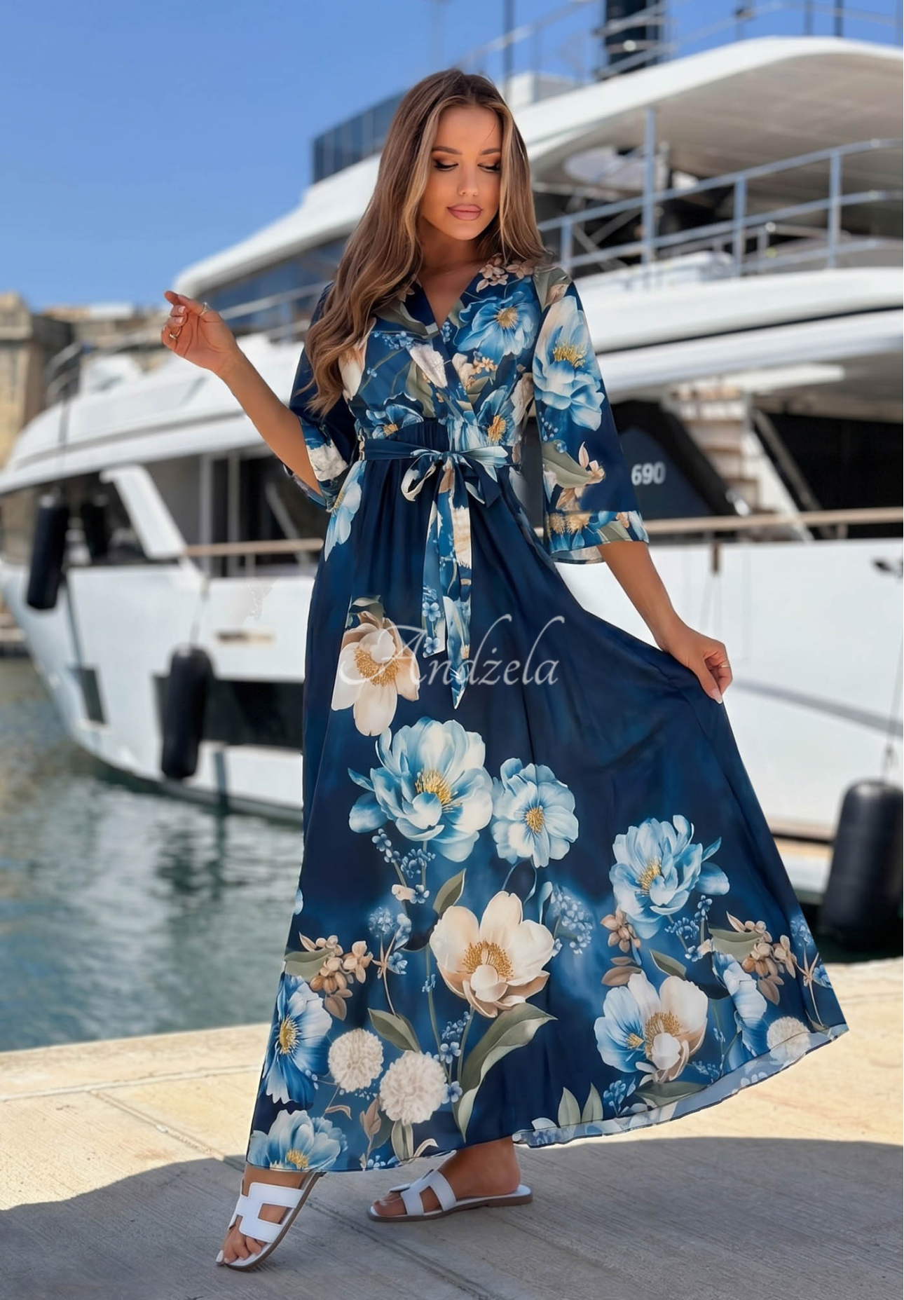 Lagoon Flora Navy Blue Floral Satin Maxi Dress