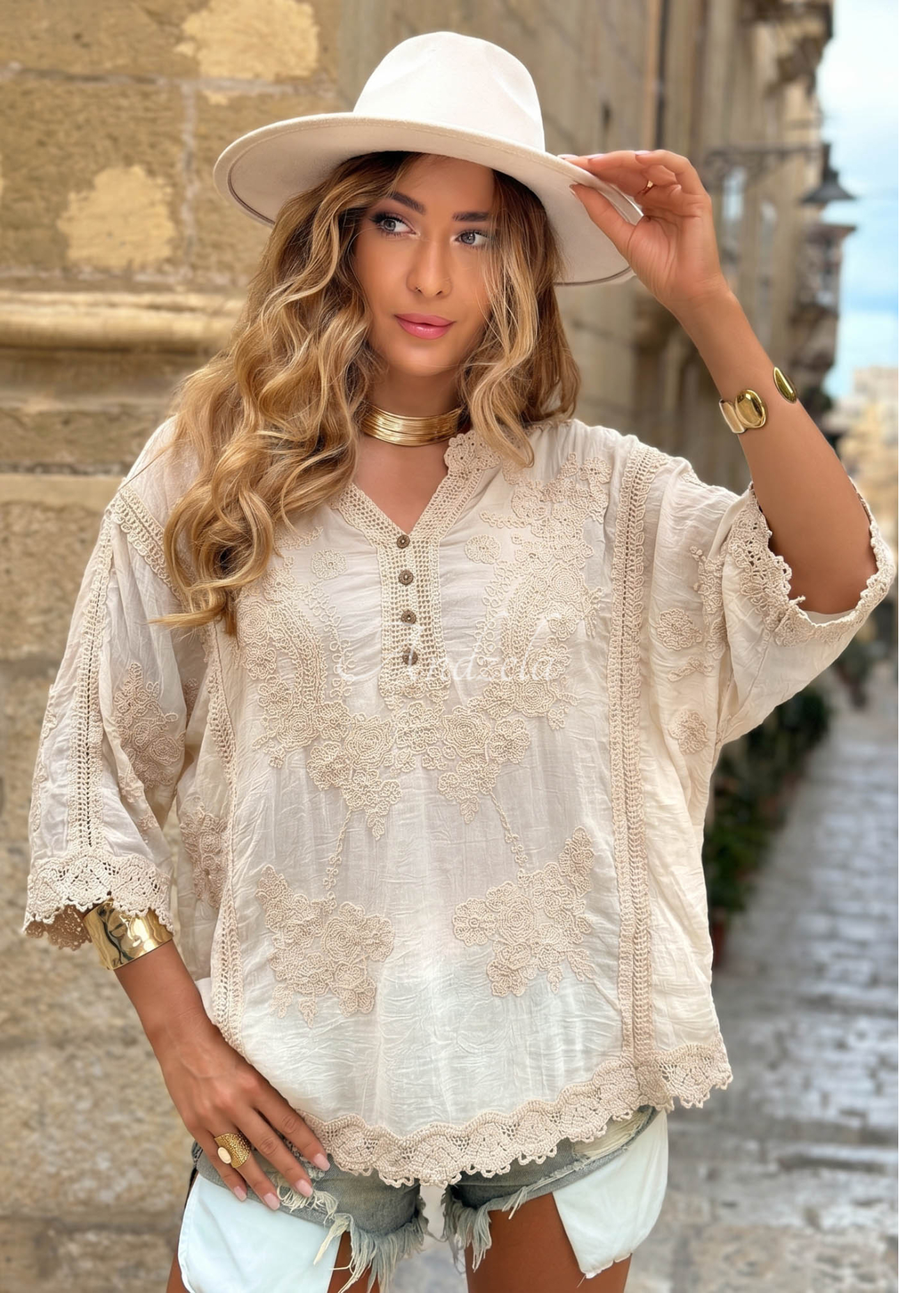 Sunny Breeze Beige Embroidered Cotton Blouse with Buttons and Lace