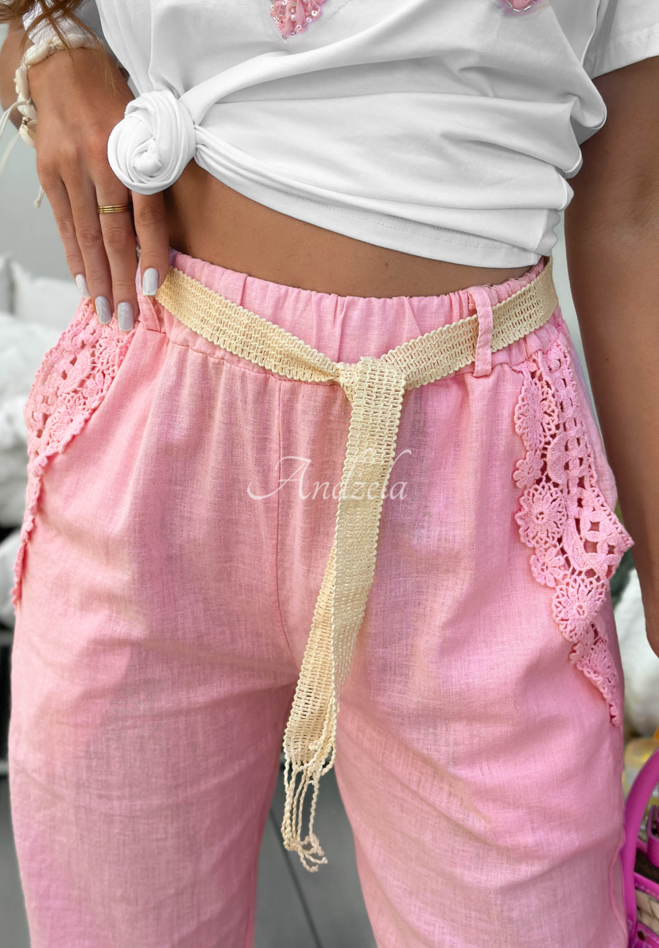Flora Villa Pink Linen Mom-Fit Pants with Belt and Lace
