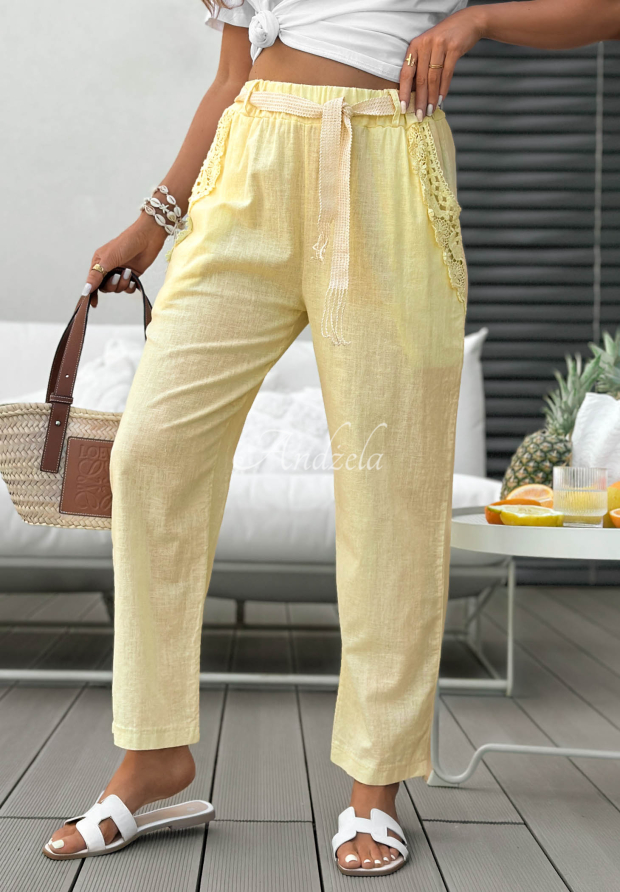Flora Villa Yellow Linen Mom-Fit Pants with Belt and Lace