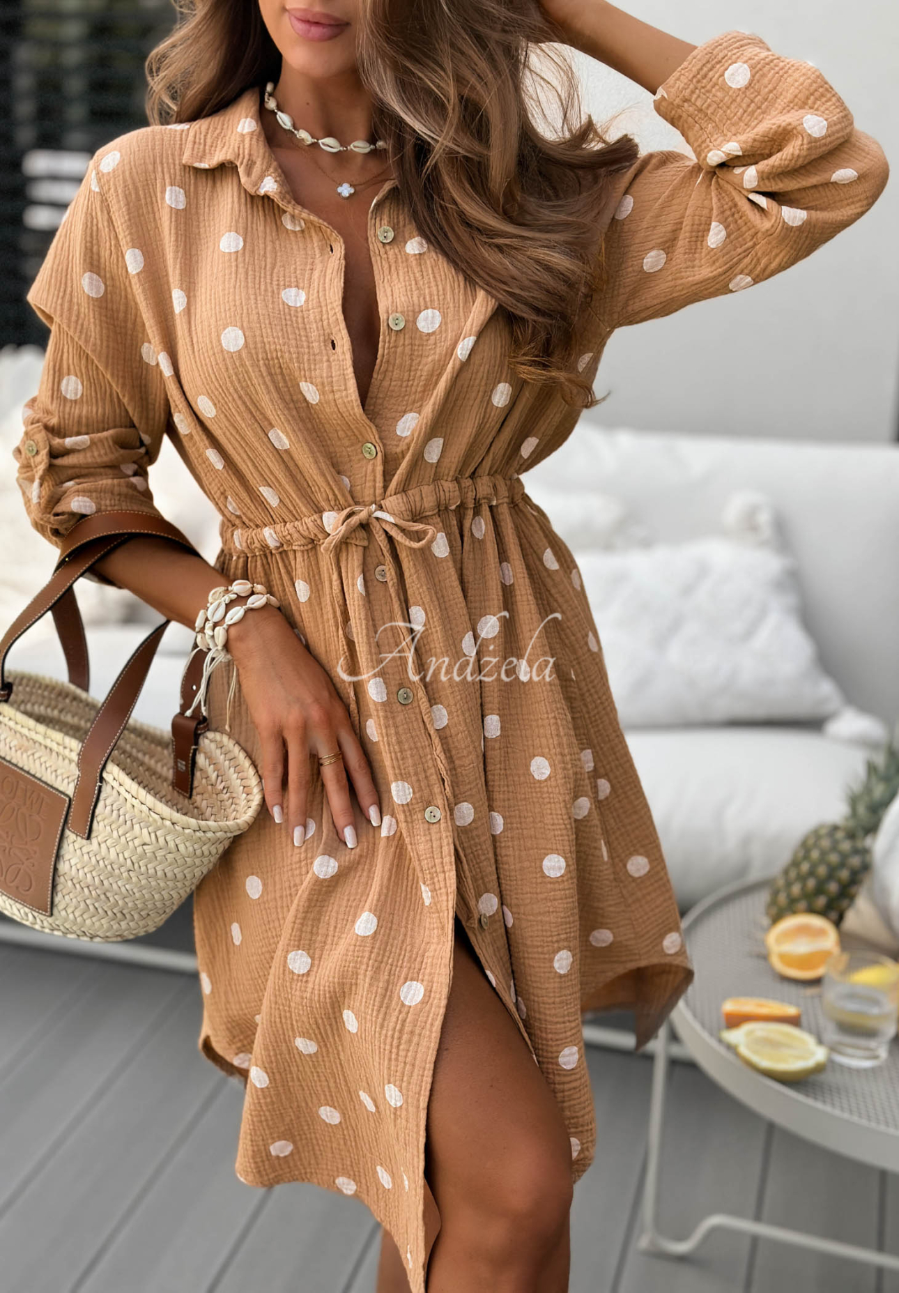Camel-colored Vacation Dots polka-dot muslin mini dress