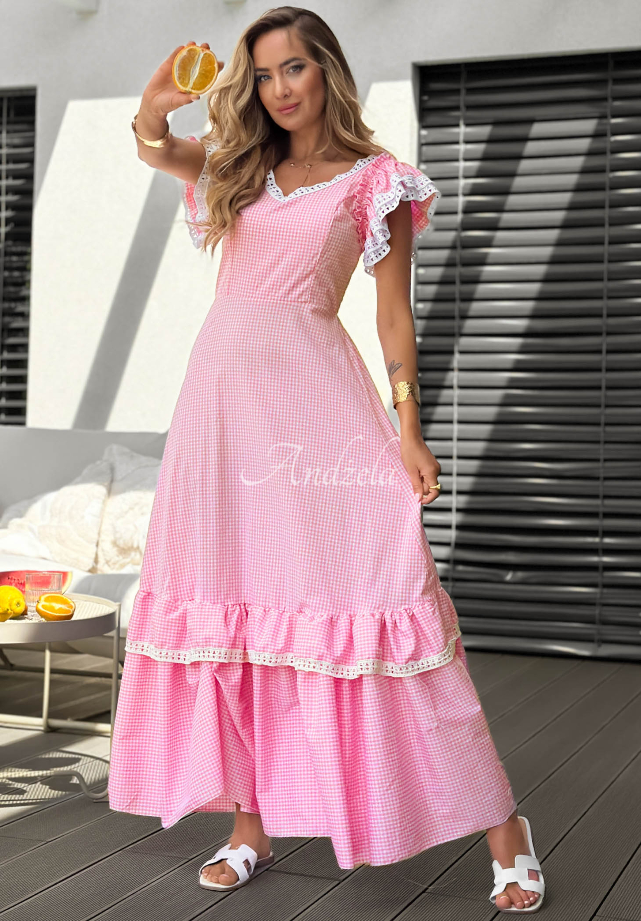 Summer Melody Pink Checkered Maxi Dress with Ruffles