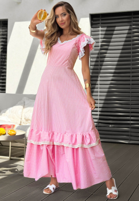 Sukienka maxi z falbankami w kratę Summer Melody różowa