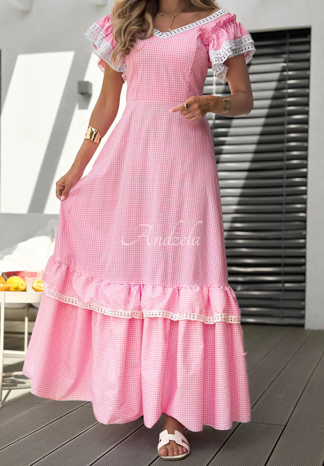 Summer Melody Pink Checkered Maxi Dress with Ruffles